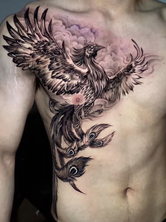 Hình xăm phượng hoàng trên ngực, phong cách blackwork chi tiết, độ phân giải HD.
