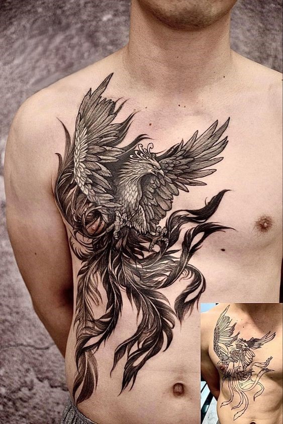 Hình xăm phượng hoàng ở ngực, phong cách blackwork chi tiết, độ phân giải cao.