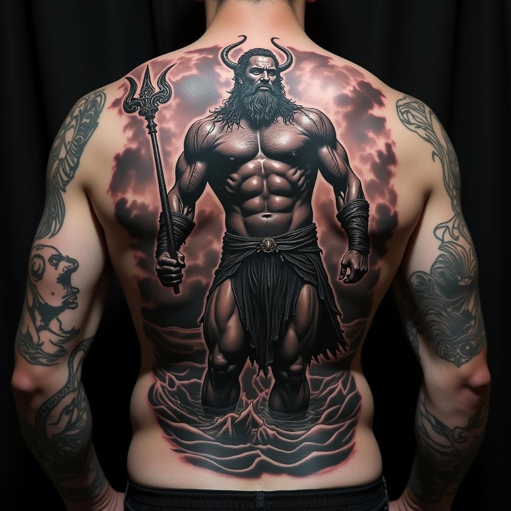 Hình xăm thần thoại chi tiết trên lưng, phong cách blackwork, độ phân giải HD.
