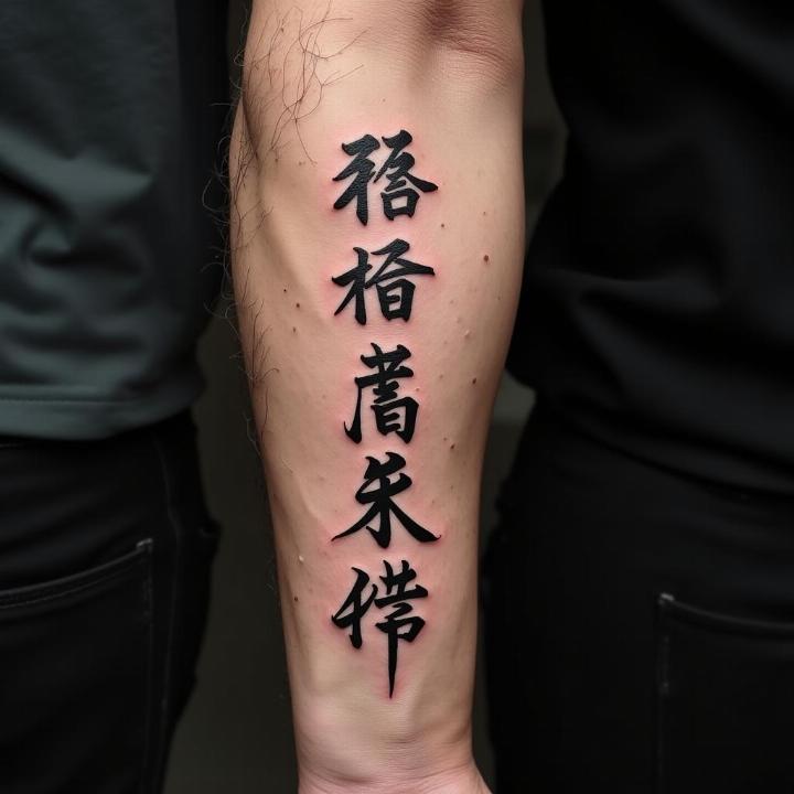 Hình xăm chữ Kanji trên cánh tay, phong cách blackwork, độ chi tiết cao, ảnh HD.