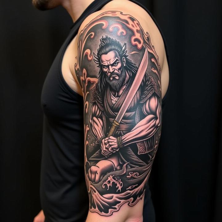 Hình xăm samurai trên cánh tay, phong cách blackwork chi tiết, độ phân giải HD.