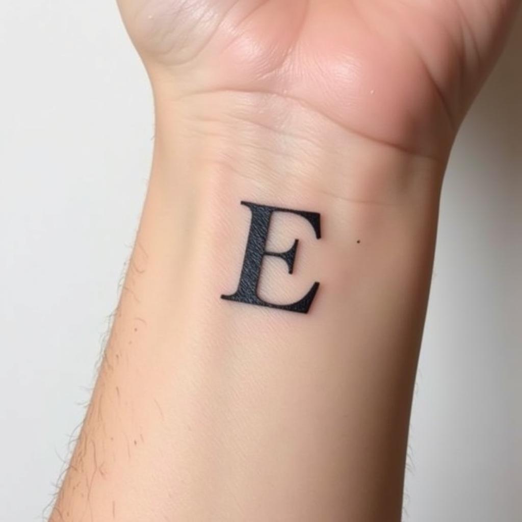 Hình xăm chữ cái "E" trên cổ tay, phong cách blackwork, chi tiết rõ nét, độ phân giải HD.
