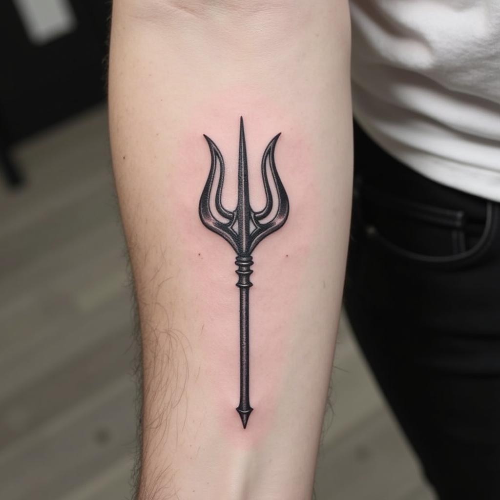 Hình xăm cây đinh ba phong cách blackwork trên tay, chi tiết rõ nét, ảnh chất lượng HD.