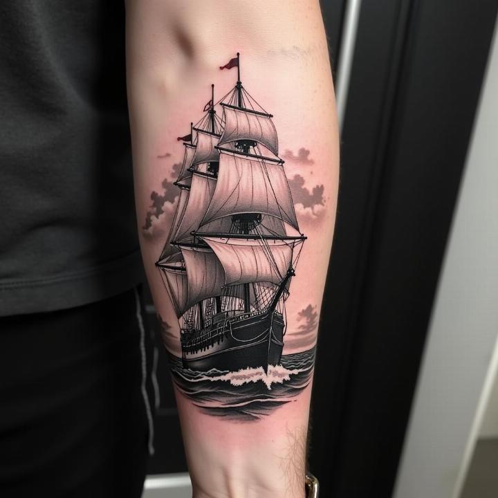 Hình xăm thuyền buồm trên cánh tay, phong cách blackwork chi tiết, ảnh HD.