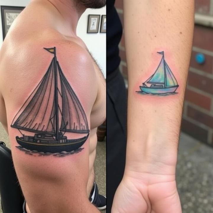 Hình xăm thuyền buồm, tay và vai, phong cách màu nước và blackwork, chi tiết rõ nét, độ phân giải HD.