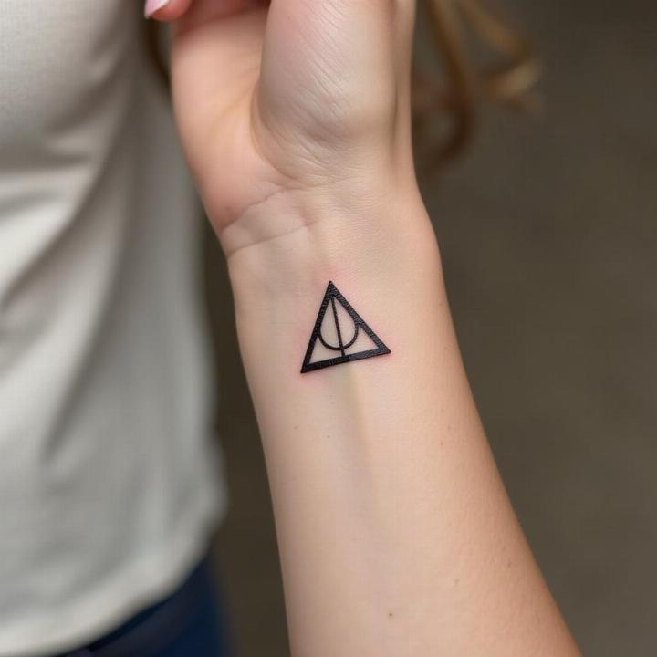 Hình xăm biểu tượng tam giác trên cổ tay, phong cách blackwork, chi tiết rõ nét, độ phân giải HD.