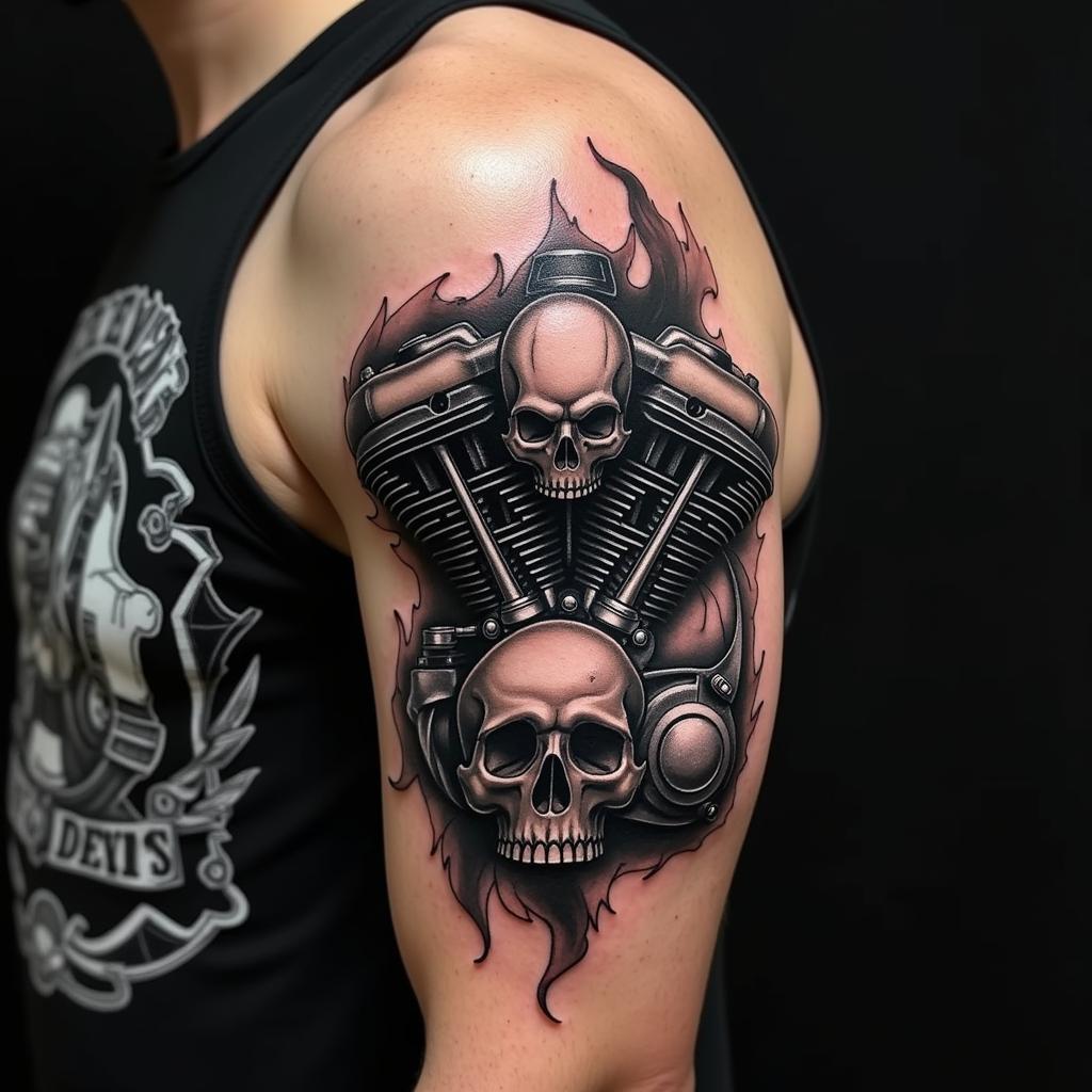 Hình xăm đầu lâu và động cơ, phong cách blackwork trên bắp tay, chi tiết rõ nét, ảnh HD.