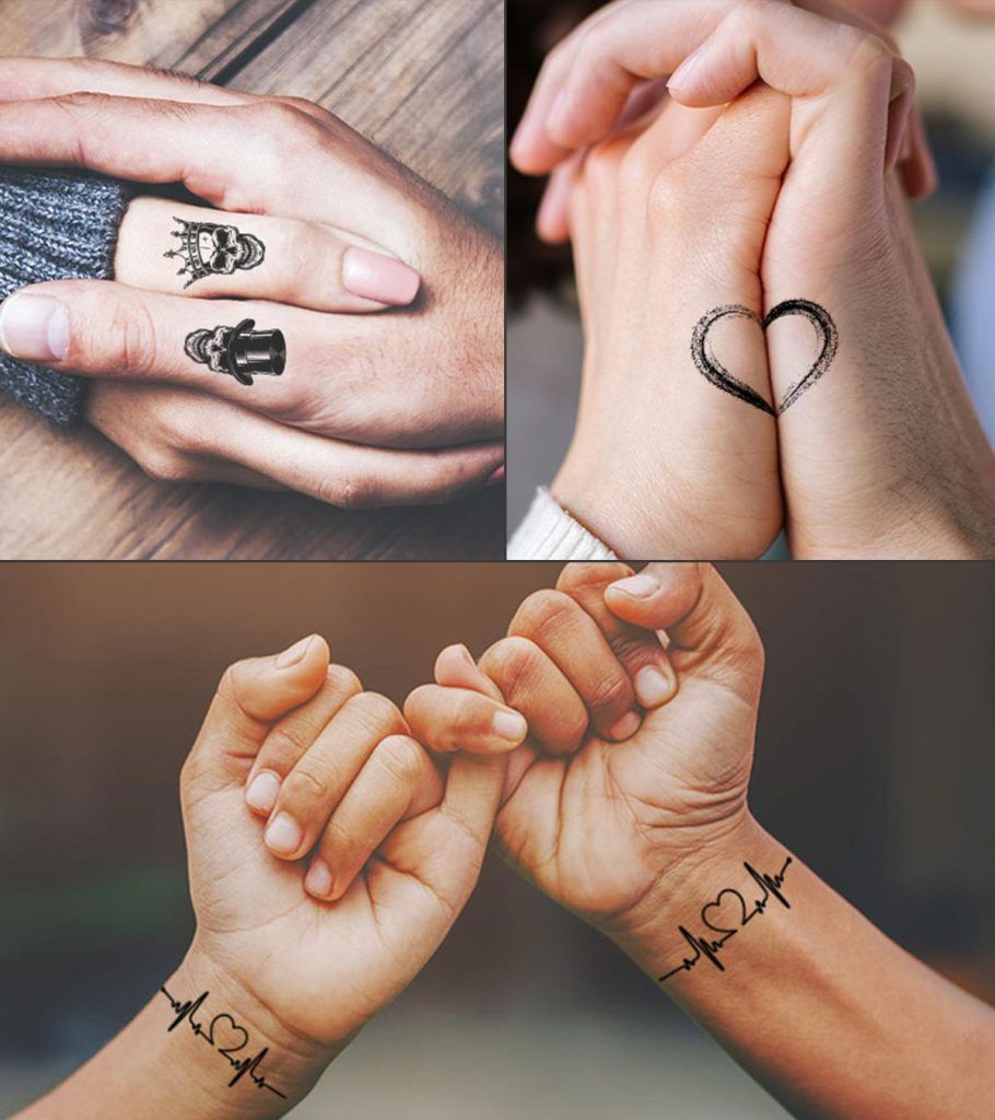 Hình xăm cặp đôi trên ngón tay và cổ tay, chủ đề tình yêu, phong cách blackwork, chất lượng HD.