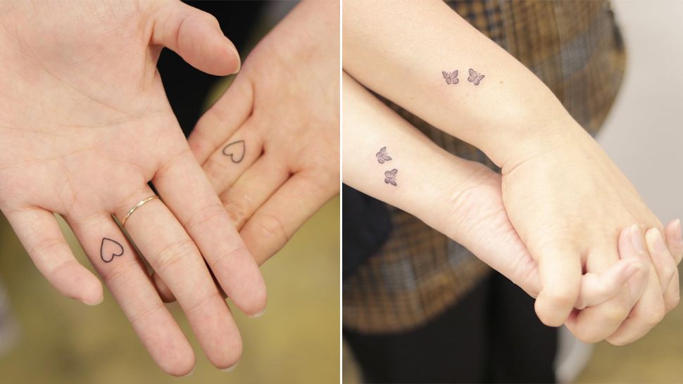 Hình xăm mini hình trái tim và bướm trên tay, phong cách tối giản, độ chi tiết cao, ảnh chất lượng HD.