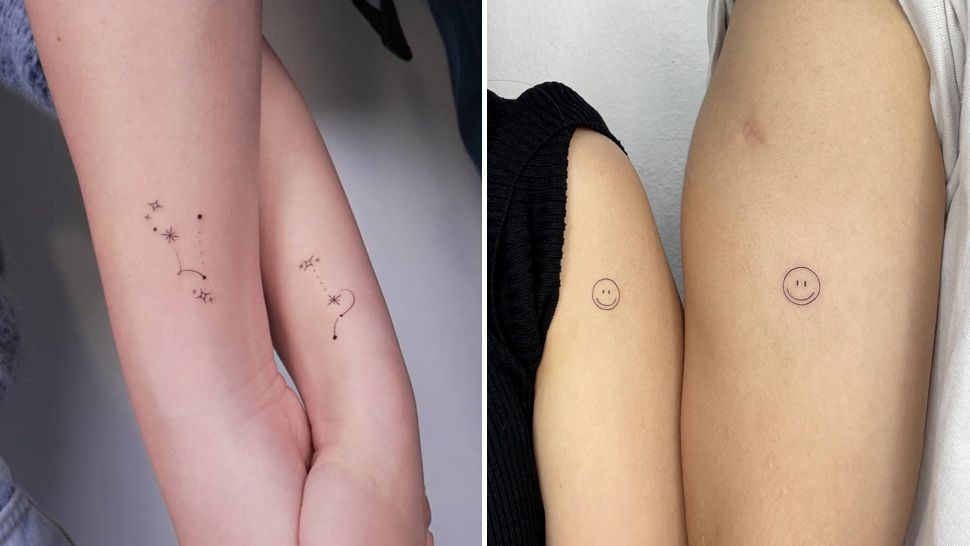 Hình xăm mini trên cánh tay, phong cách tối giản, chi tiết tinh tế, hình mặt cười và sao, độ phân giải HD.
