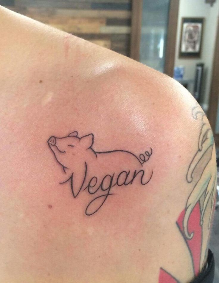 hút mắt với mẫu tattoo heo xinh trên vai Hình xăm chữ "Vegan" và con heo trên vai, phong cách tối giản, độ chi tiết cao, ảnh HD.
