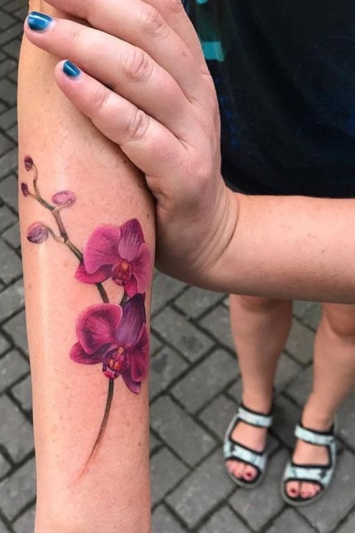 kiểu hình xăm hoa lan trên cánh tay Hình xăm hoa lan màu nước trên cẳng tay, phong cách chi tiết, ảnh chất lượng HD.
