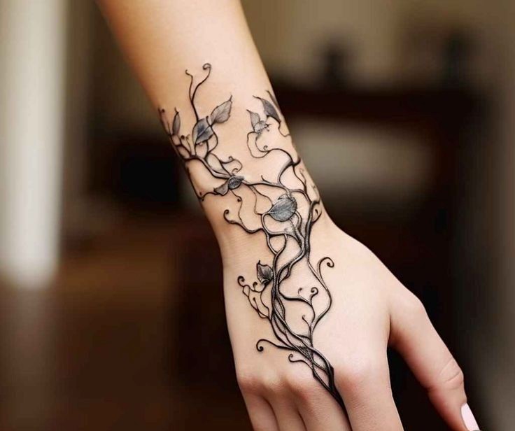 Hình xăm hoa dây leo trên cổ tay, phong cách blackwork tinh tế, ảnh chất lượng HD.