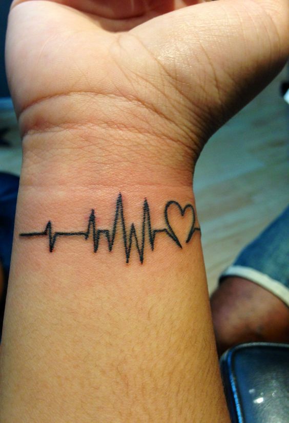 Hình xăm nhịp tim và trái tim trên cổ tay, phong cách blackwork, chi tiết rõ nét, ảnh HD.