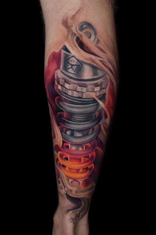 tattoo phuộc ohlins kín toàn bộ bắp chân Hình xăm cơ khí trên cánh tay, phong cách 3D chi tiết, độ phân giải HD.