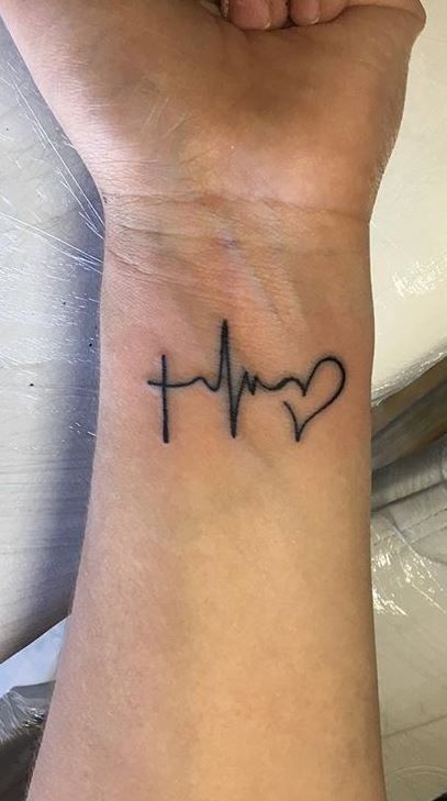 Hình xăm nhịp tim và trái tim trên cổ tay, phong cách blackwork, độ chi tiết cao, ảnh chất lượng HD.