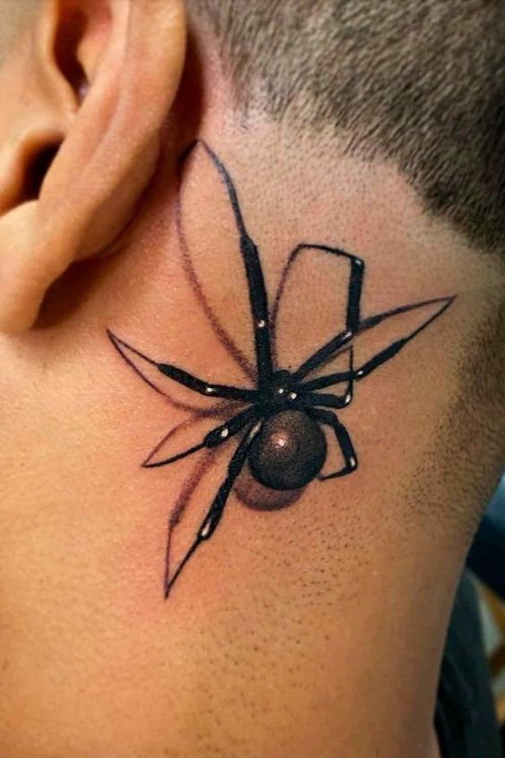 Hình xăm nhện phong cách blackwork sau tai, chi tiết rõ nét, độ phân giải HD.