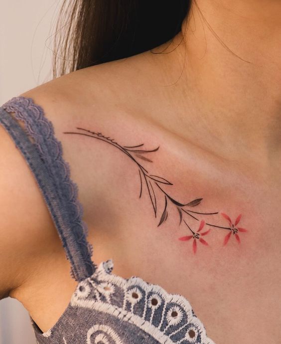 Thiết kế xăm cành hoa ở vai đơn giản, tinh tế Hình xăm hoa mini trên vai, phong cách tối giản, chi tiết rõ nét, ảnh HD.