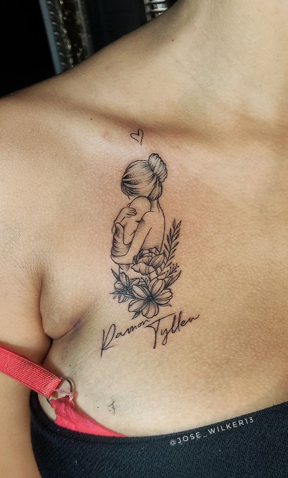 mẫu hình xăm mini hai mẹ con và hoa cực đẹp Hình xăm cô gái và hoa trên vai, phong cách blackwork chi tiết, độ phân giải HD.