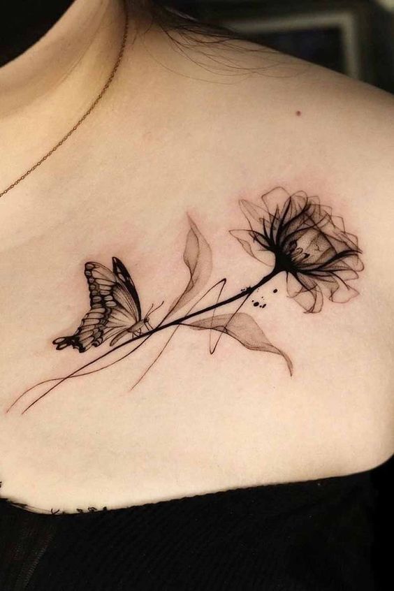 Mẫu hình xăm cành hoa tinh tế trước ngực Hình xăm bướm và hoa trên vai, phong cách blackwork tinh tế, độ phân giải HD.