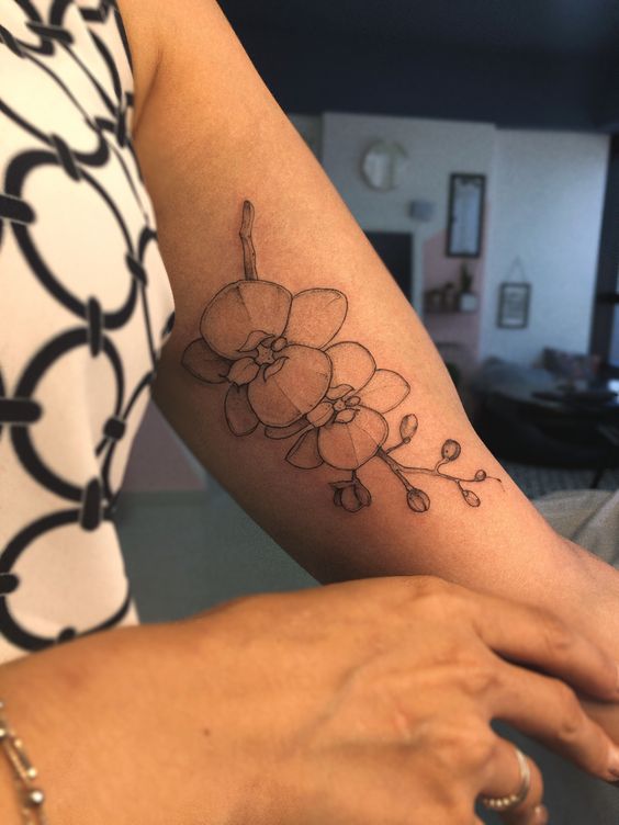 mẫu hoa lan tối giản ở bắp tay Hình xăm hoa phong lan trên tay, phong cách blackwork, chi tiết tinh tế, độ phân giải HD.