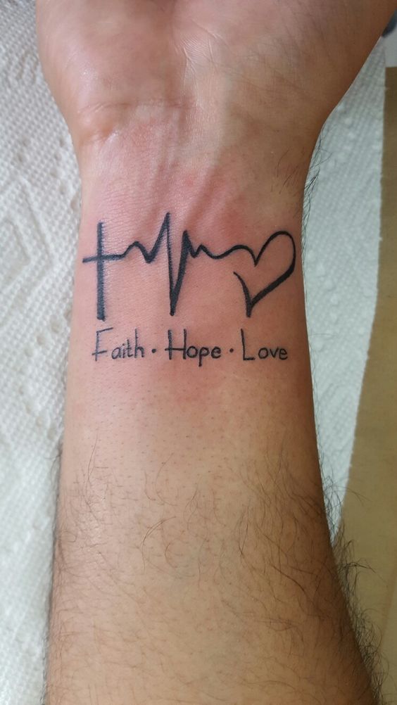 Hình xăm chữ "Faith Hope Love" trên cổ tay, phong cách blackwork, độ chi tiết cao, ảnh HD.