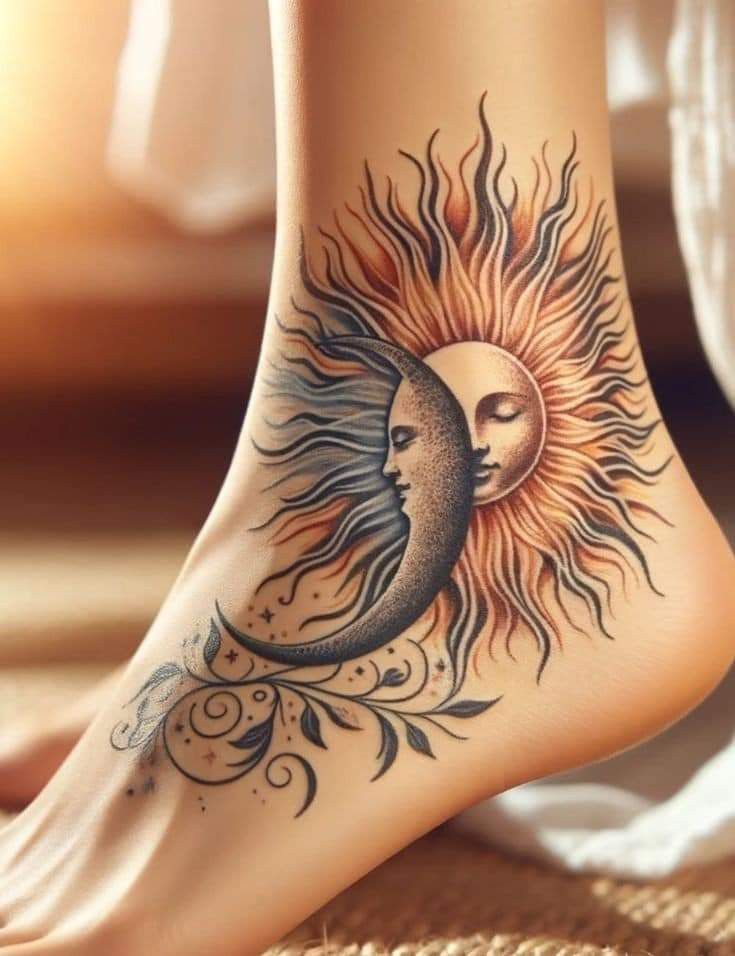 Hình xăm mặt trời và mặt trăng ở mắt cá chân, phong cách màu nước, chi tiết, độ phân giải HD.