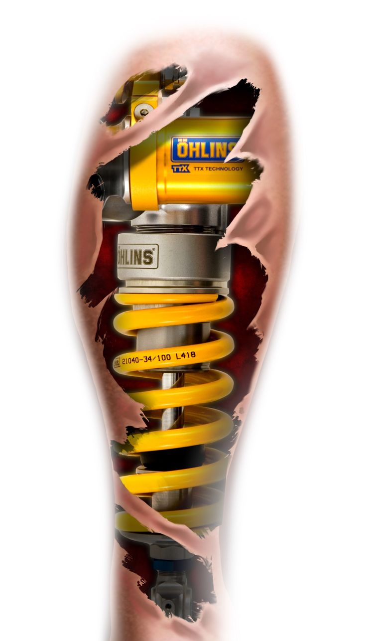 tattoo phuộc xe sắc nét và chân thực Hình xăm giảm xóc ô tô trên chân, phong cách 3D chi tiết, độ phân giải HD.