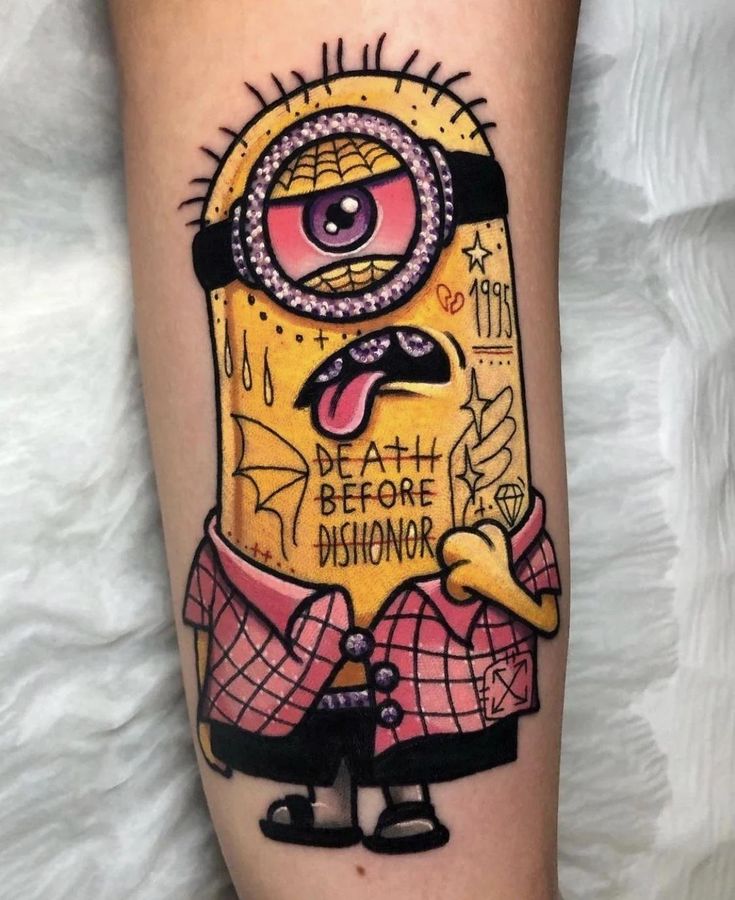 mẫu tattoo sáng tạo cho nhân vật Stuart Hình xăm nhân vật hoạt hình trên bắp tay, phong cách màu sắc, độ chi tiết cao, ảnh HD.