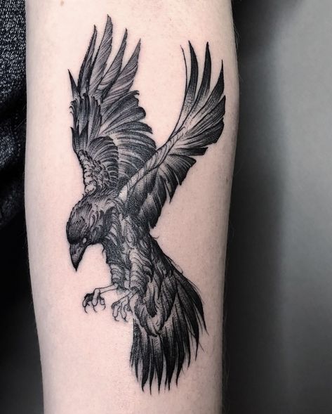 Hình xăm chim ưng trên cánh tay, phong cách blackwork, chi tiết, ảnh HD.