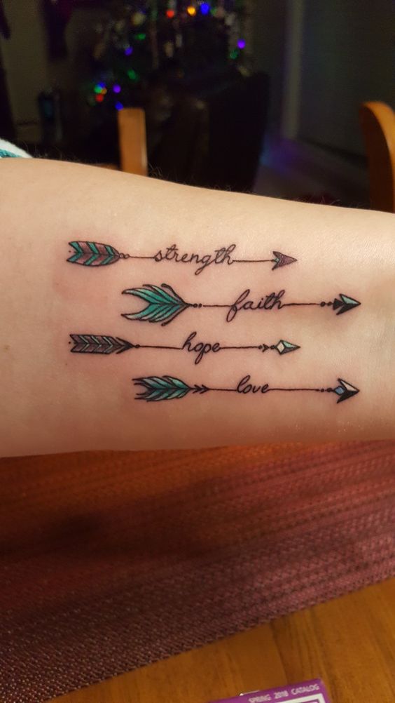 mũi tên biểu tượng động lực Hình xăm mũi tên với chữ "strength, faith, hope, love" trên cánh tay, phong cách tối giản, ảnh độ phân giải HD.