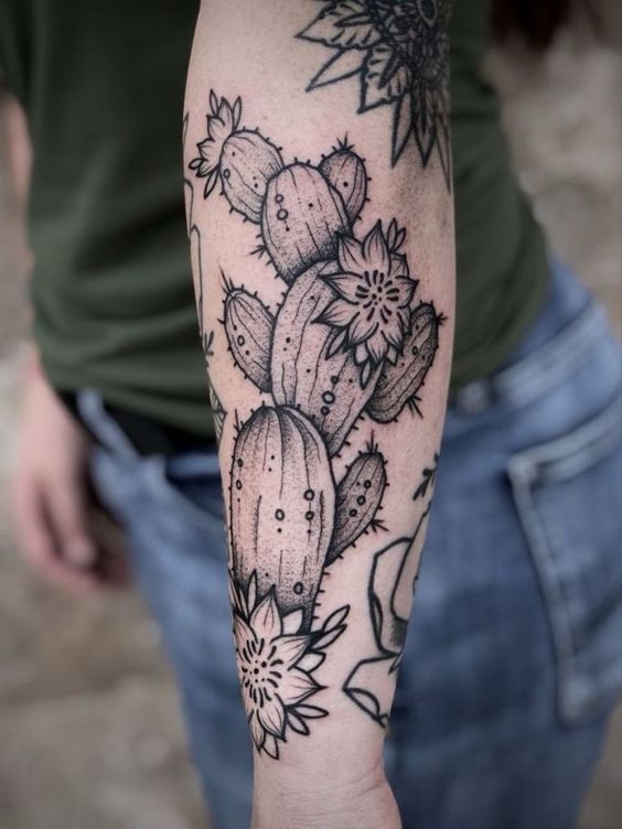 Hình xăm xương rồng blackwork trên cánh tay, phong cách chi tiết, ảnh HD.