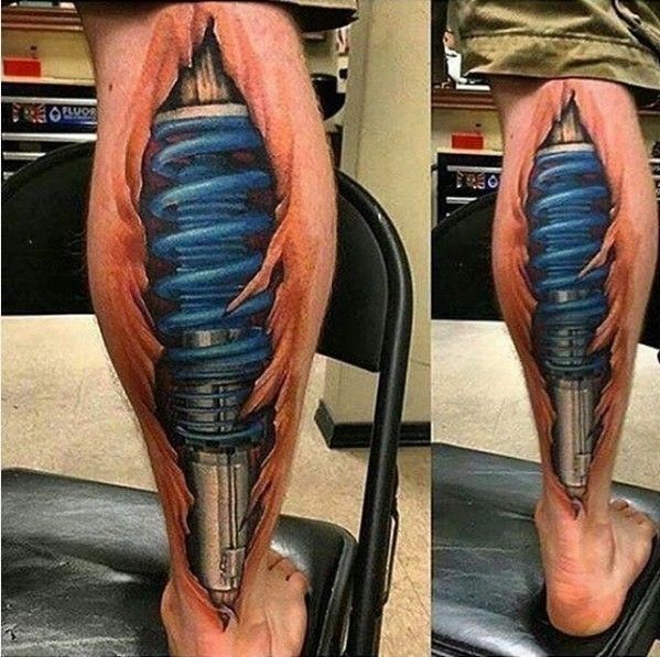 nổi bật với hình tattoo phuộc xe độc đáo Hình xăm 3D lò xo trên bắp chân, phong cách hiện đại, chi tiết, độ phân giải HD.