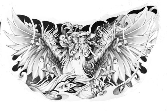 Hình xăm phượng hoàng, phong cách blackwork chi tiết, vị trí lưng, độ phân giải HD.