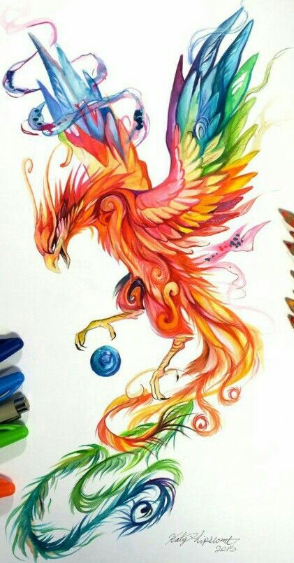 Hình xăm phượng hoàng màu nước, phong cách rực rỡ, chi tiết cao, độ phân giải HD.