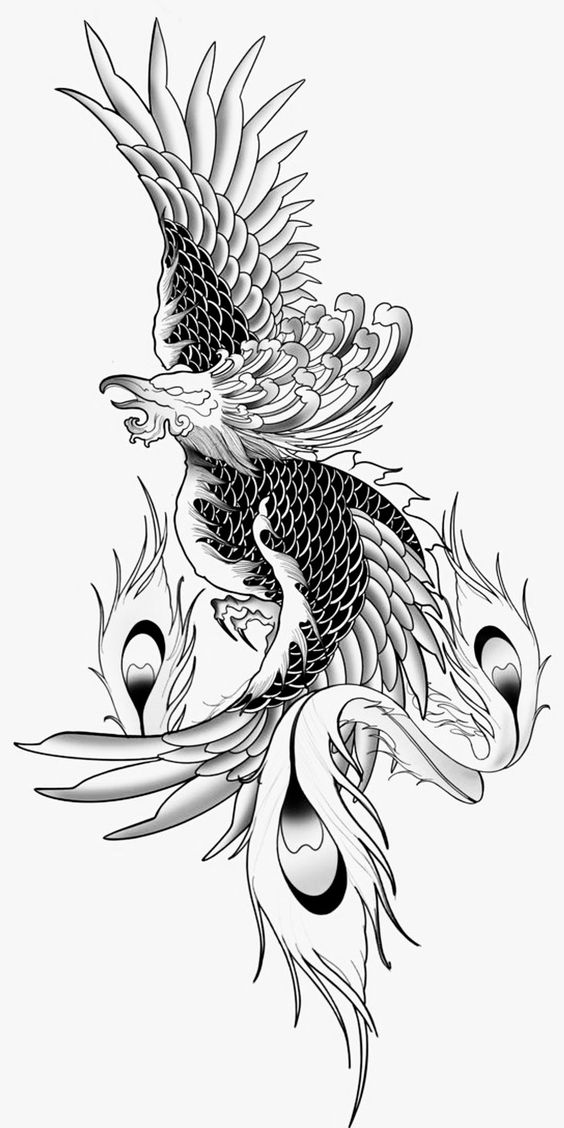 Hình xăm phượng hoàng, phong cách blackwork chi tiết, độ phân giải HD, thích hợp cho lưng hoặc tay.