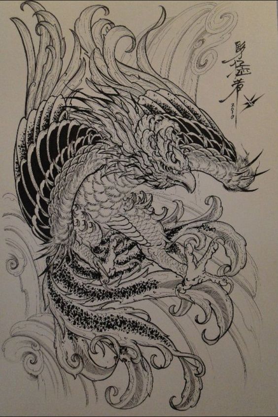 Hình xăm phượng hoàng phong cách blackwork chi tiết, vị trí không rõ ràng, độ phân giải HD.
