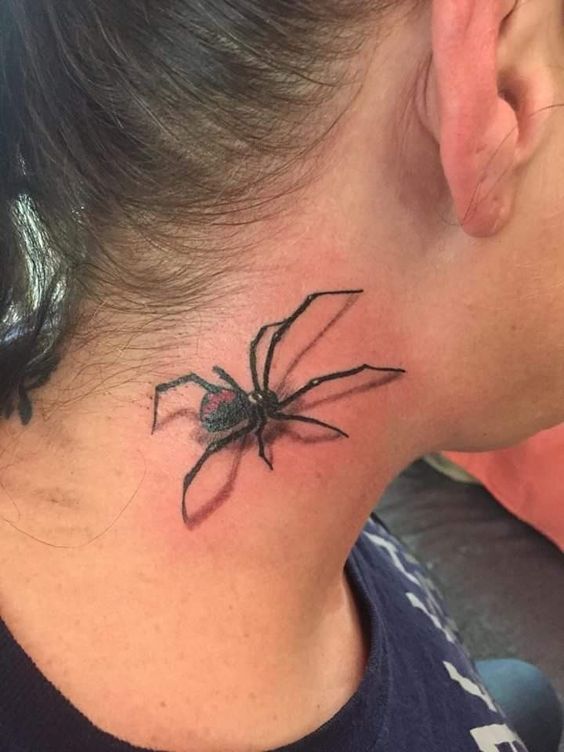 Hình xăm nhện blackwork ở cổ, chi tiết rõ nét, độ phân giải HD.