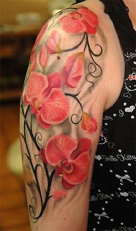 sự tỏa sáng của hoa lan làm nổi bật bắp tay bạn Hình xăm hoa lan trên tay, phong cách màu nước, chi tiết sắc nét, độ phân giải HD.
