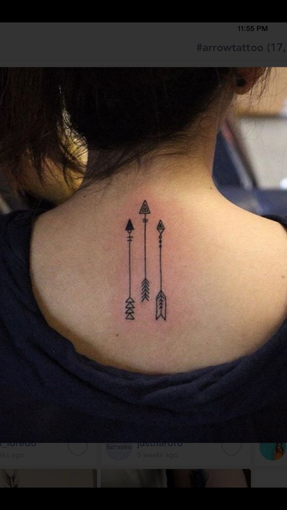 tattoo mini mũi tên sau gáy Hình xăm mũi tên tối giản trên gáy, phong cách blackwork, chi tiết rõ nét, độ phân giải HD.