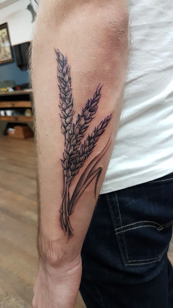 Tattoo bông lúa thể hiện cá tính mạnh mẽ Hình xăm bông lúa trên tay, phong cách blackwork, chi tiết rõ nét, độ phân giải HD.