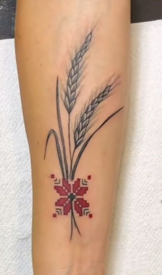 Tattoo bông lúa phong cách thời thượng Hình xăm lúa mì và hoa trên cẳng tay, phong cách tối giản, độ phân giải HD.