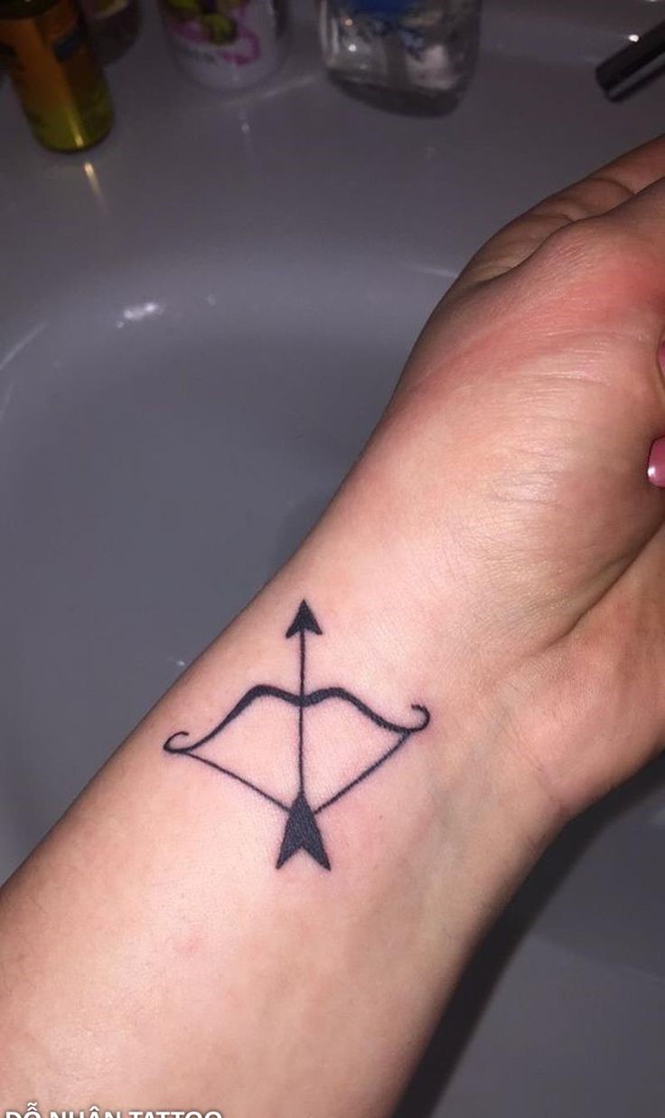 tattoo tối giản cho giới trẻ Hình xăm cung và tên đơn giản trên cổ tay, phong cách blackwork, ảnh HD.