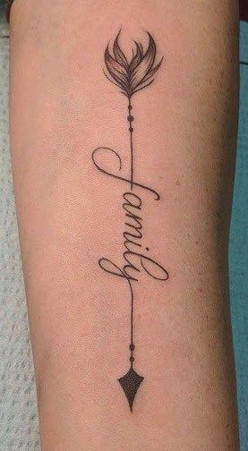 Hình xăm chữ "Family" trên tay, phong cách blackwork đơn giản, độ phân giải HD.