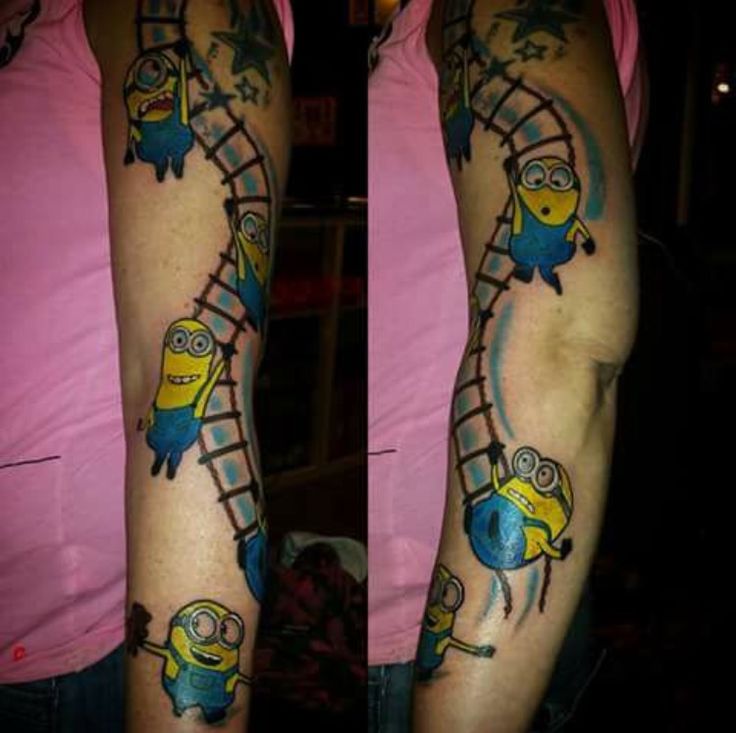thần tượng nhân vật hoạt hình với mẫu tattoo full cánh tay Hình xăm Minions trên cánh tay, phong cách màu sắc, chi tiết vui nhộn, độ phân giải HD.
