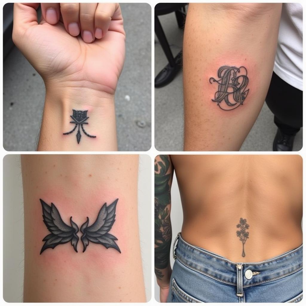 Hình xăm mini trên cổ tay và cánh tay, phong cách blackwork, chi tiết rõ nét, độ phân giải HD.