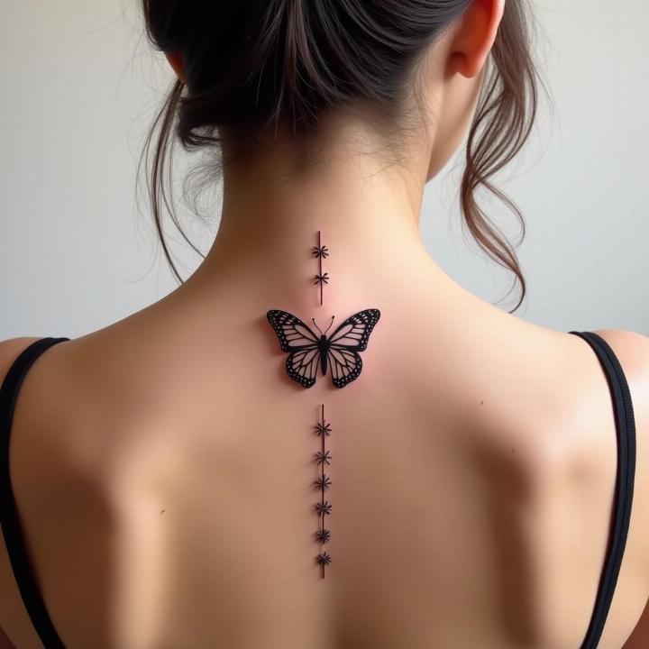 Hình xăm bướm blackwork trên lưng, phong cách tinh tế, ảnh độ phân giải cao, chi tiết rõ nét.
