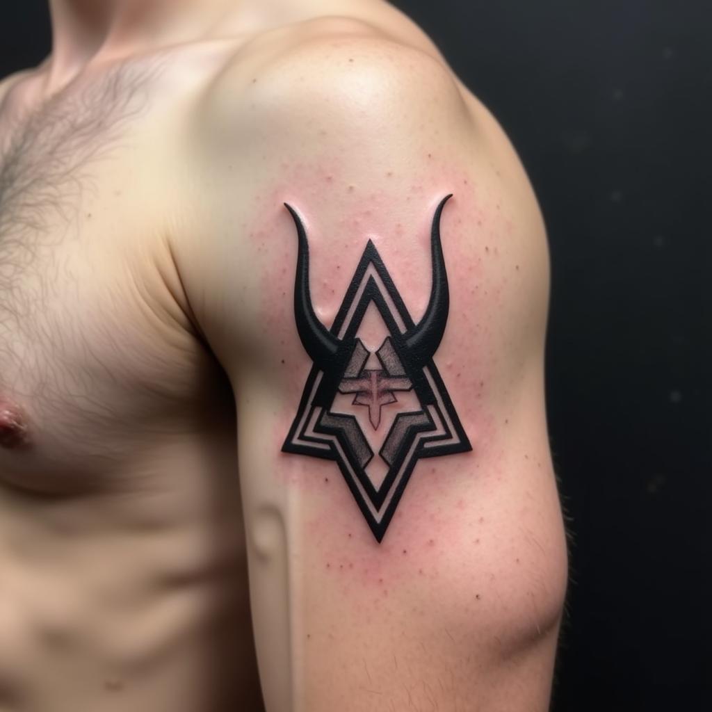 Hình xăm hình học trên bắp tay phong cách blackwork, chi tiết sắc nét, độ phân giải HD.