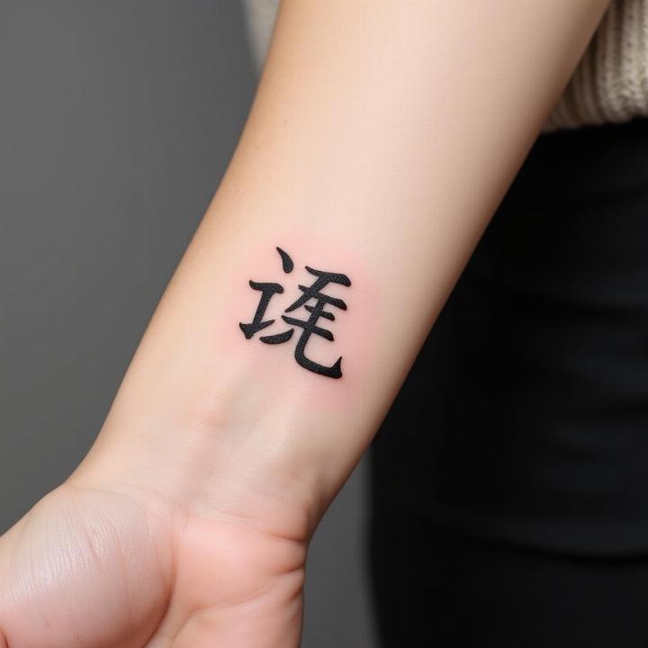 Hình xăm chữ Trung Quốc trên cổ tay, phong cách blackwork, chi tiết rõ nét, ảnh chất lượng HD.