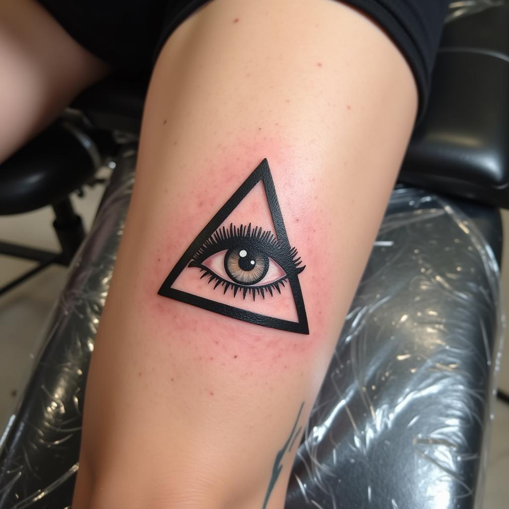 Hình xăm mắt trong tam giác trên đùi, phong cách blackwork, chi tiết sắc nét, độ phân giải HD.